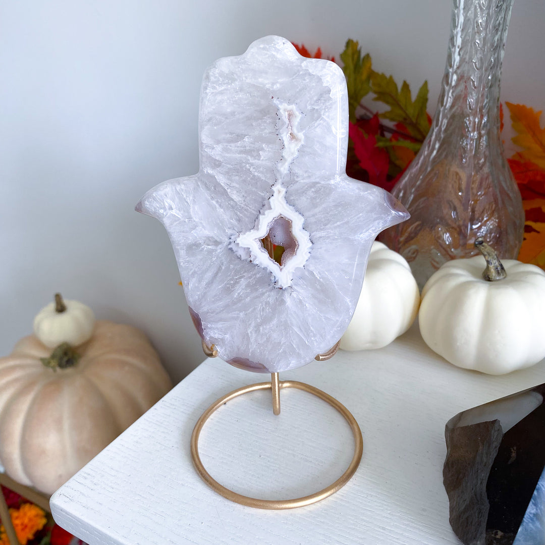 White Agate Hamsa on Stand 