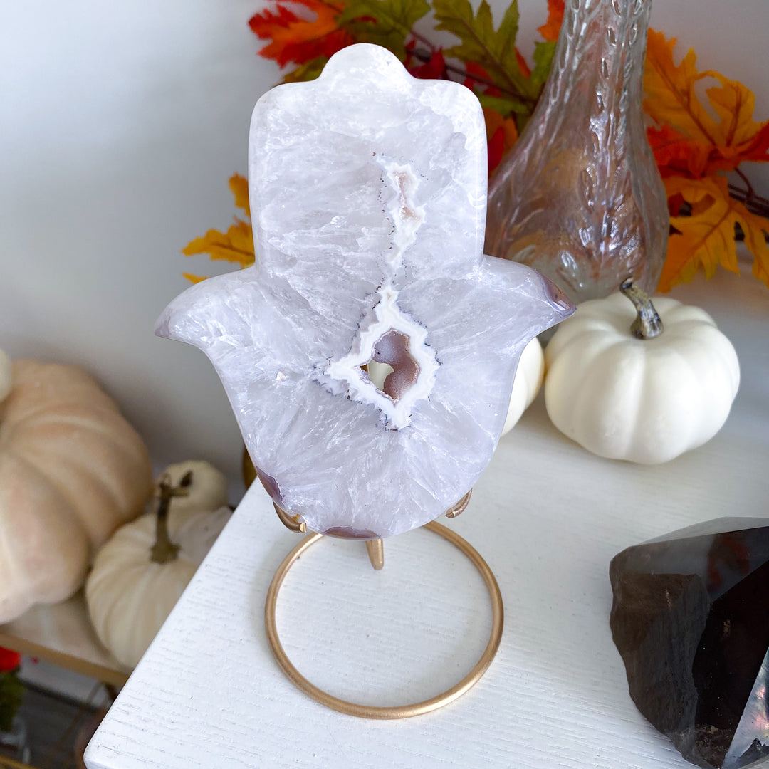 White Agate Hamsa on Stand 