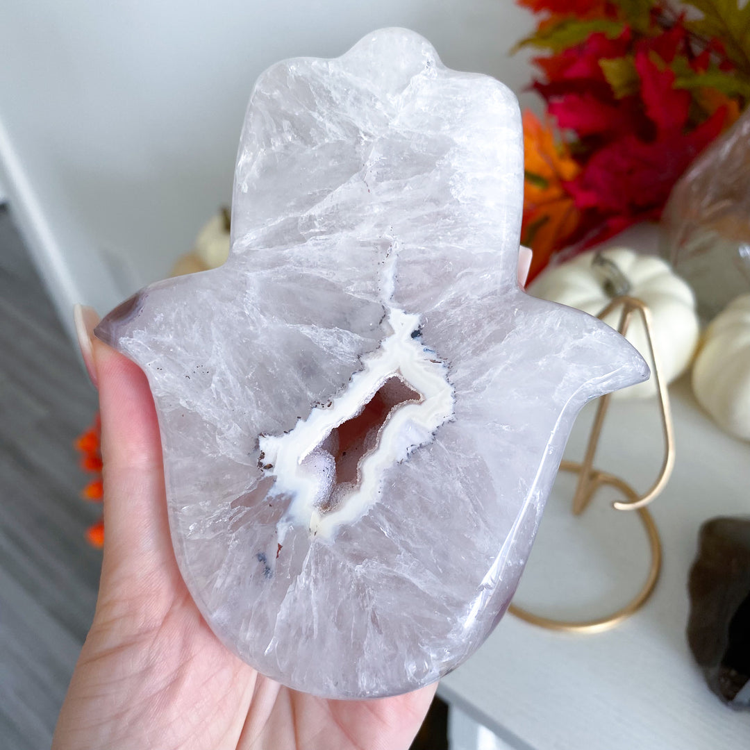 White Agate Hamsa on Stand 