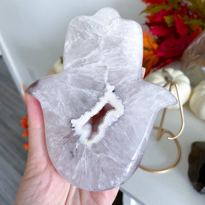 White Agate Hamsa on Stand 