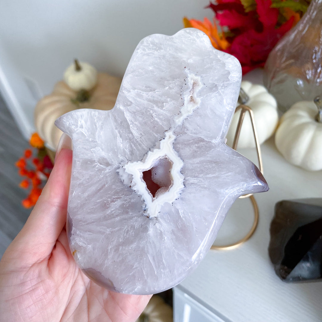 White Agate Hamsa on Stand 