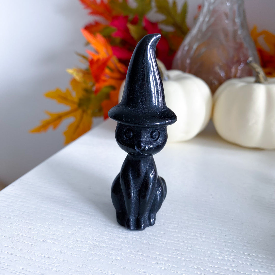 Imperfect Black Obsidian Witch Cat Carving