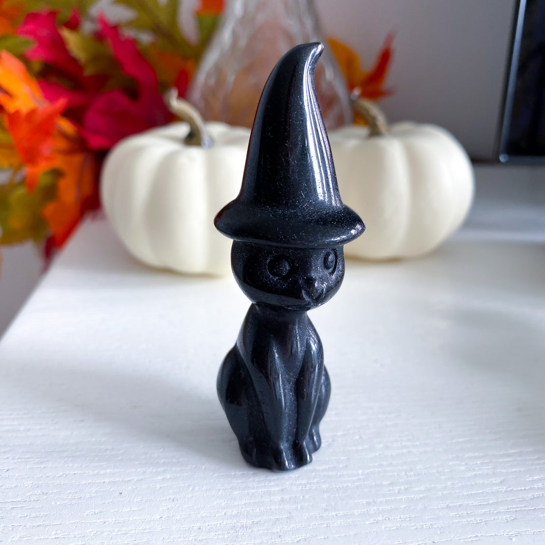 Imperfect Black Obsidian Witch Cat Carving
