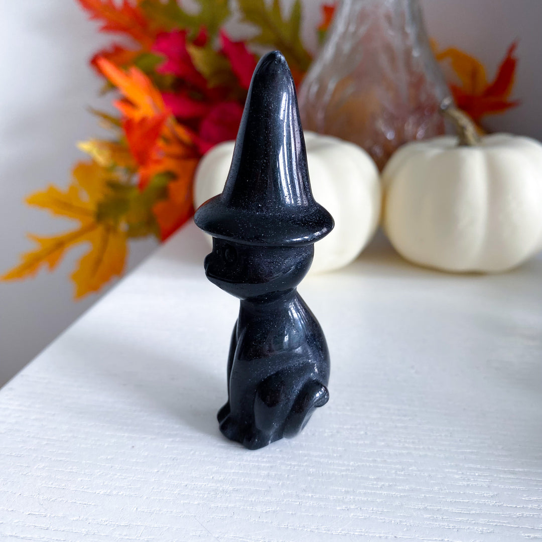 Imperfect Black Obsidian Witch Cat Carving