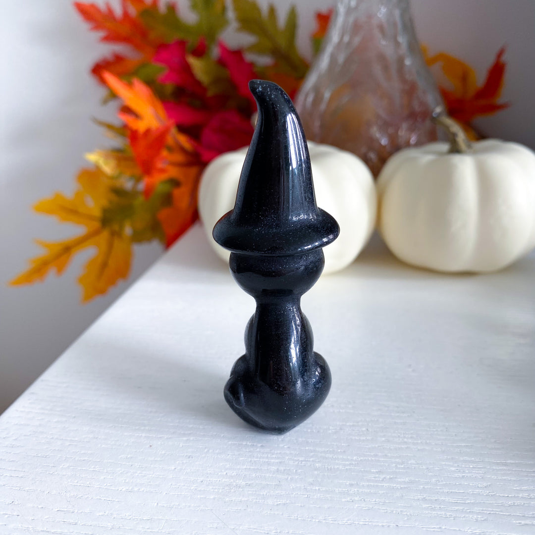 Imperfect Black Obsidian Witch Cat Carving