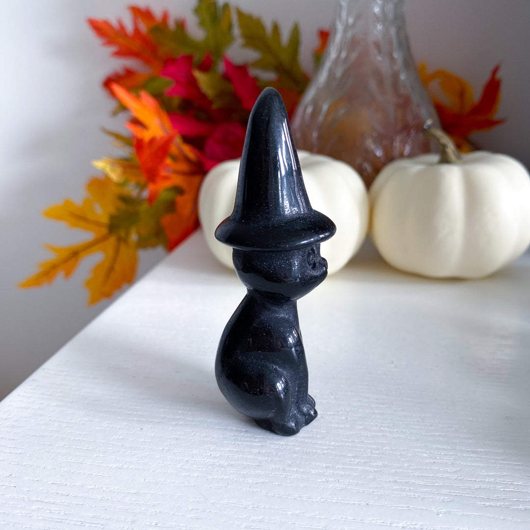 Imperfect Black Obsidian Witch Cat Carving