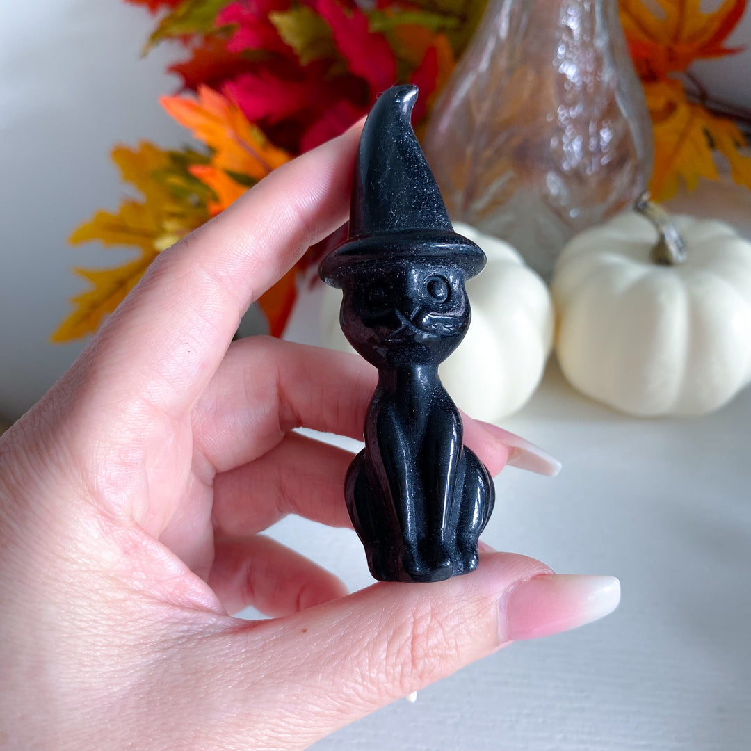 Imperfect Black Obsidian Witch Cat Carving