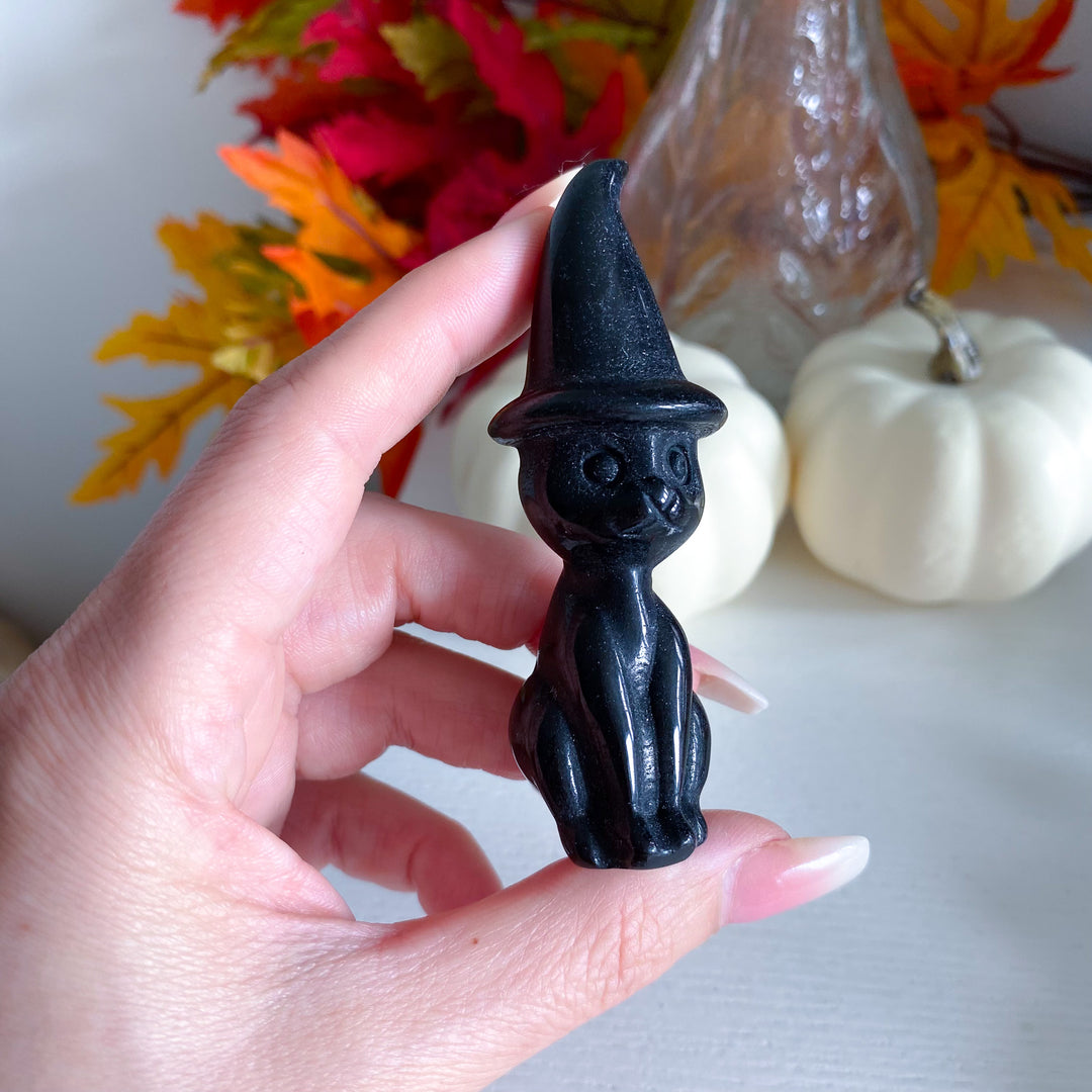 Imperfect Black Obsidian Witch Cat Carving