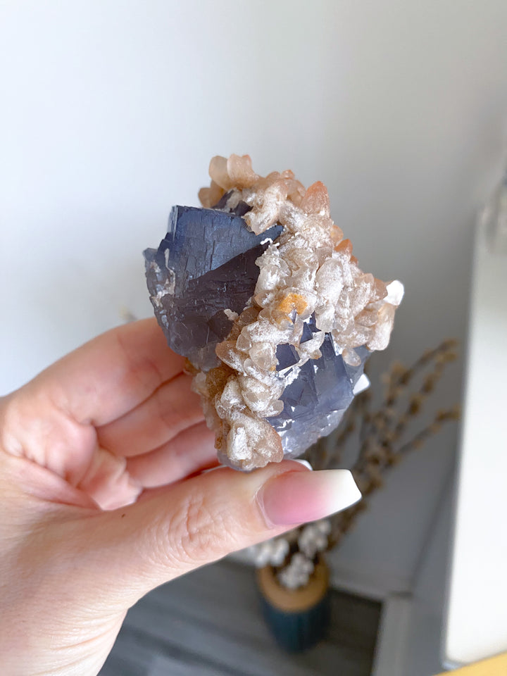 Purple, Blue Cubic Fluorite with Hematite and Calcite - Fluorite Specimen #3