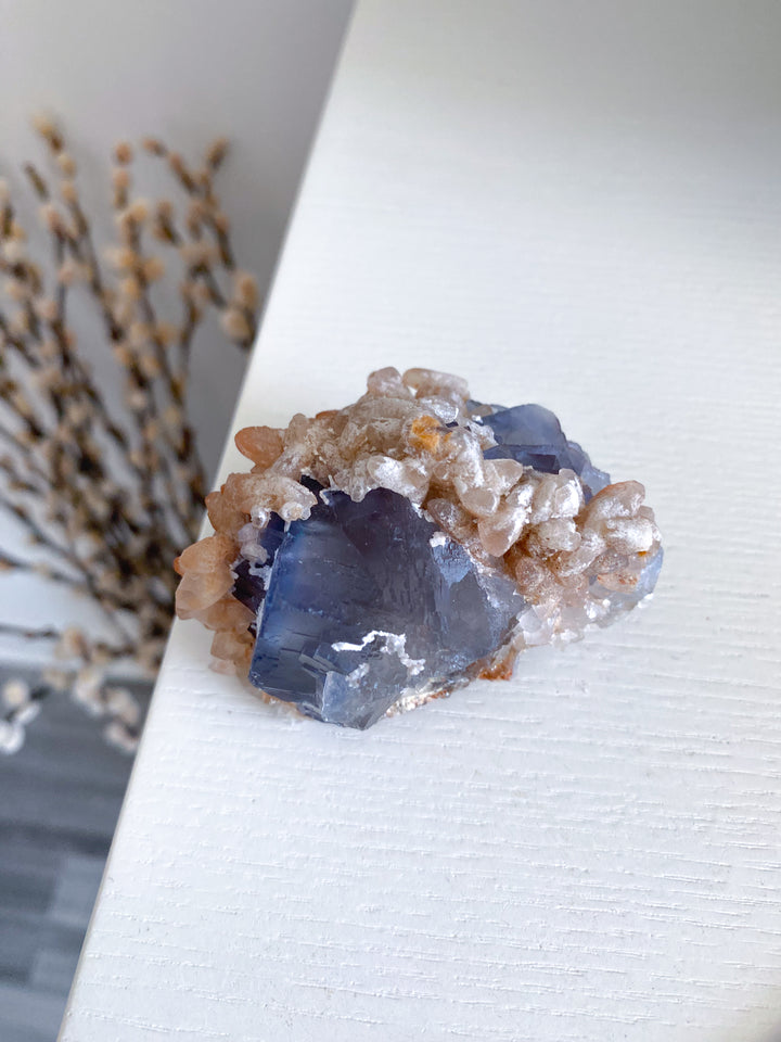 Purple, Blue Cubic Fluorite with Hematite and Calcite - Fluorite Specimen #3