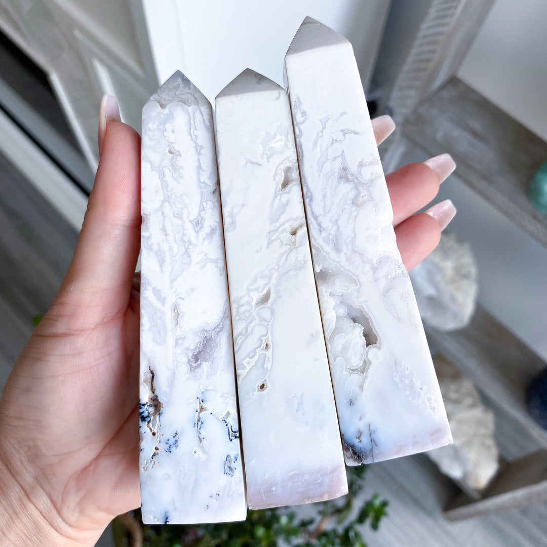 Luxurious White Calcite Tower with Dendrites - 5"