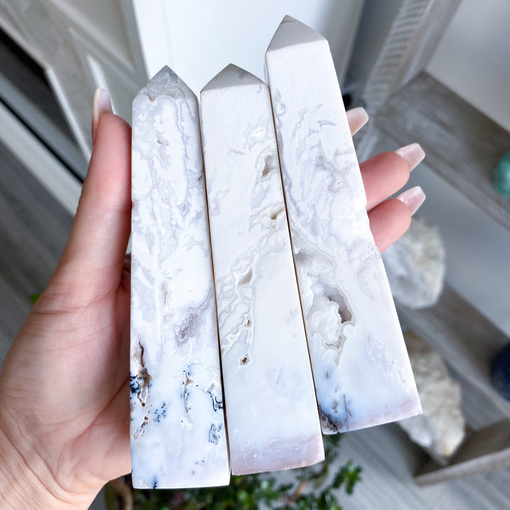 Luxurious White Calcite Tower with Dendrites - 5"