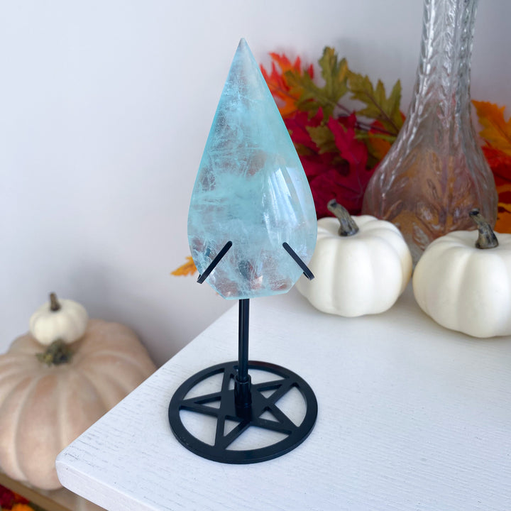 Green Fluorite Flame on Pentacle Stand 