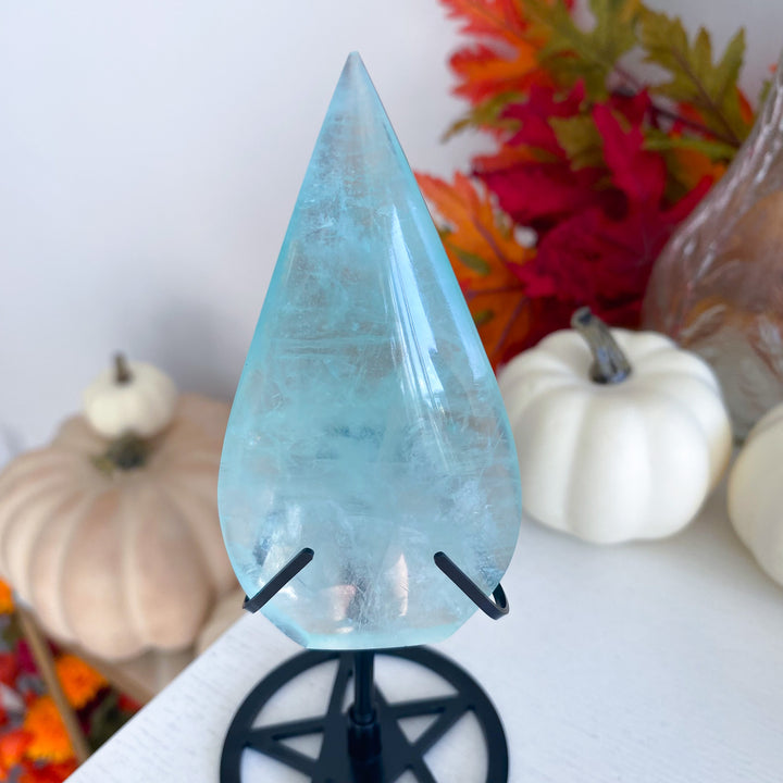 Green Fluorite Flame on Pentacle Stand 