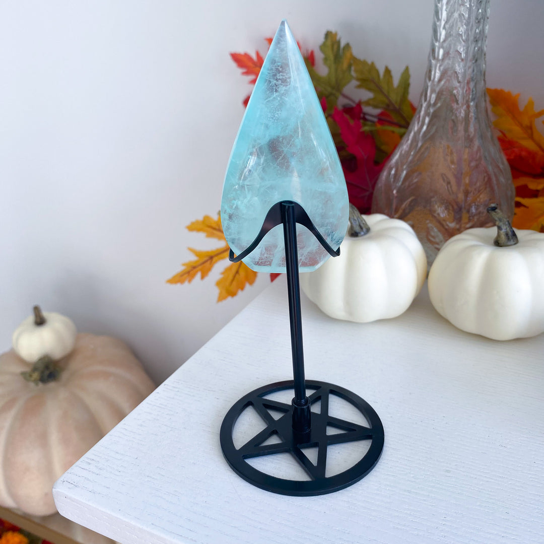 Green Fluorite Flame on Pentacle Stand 
