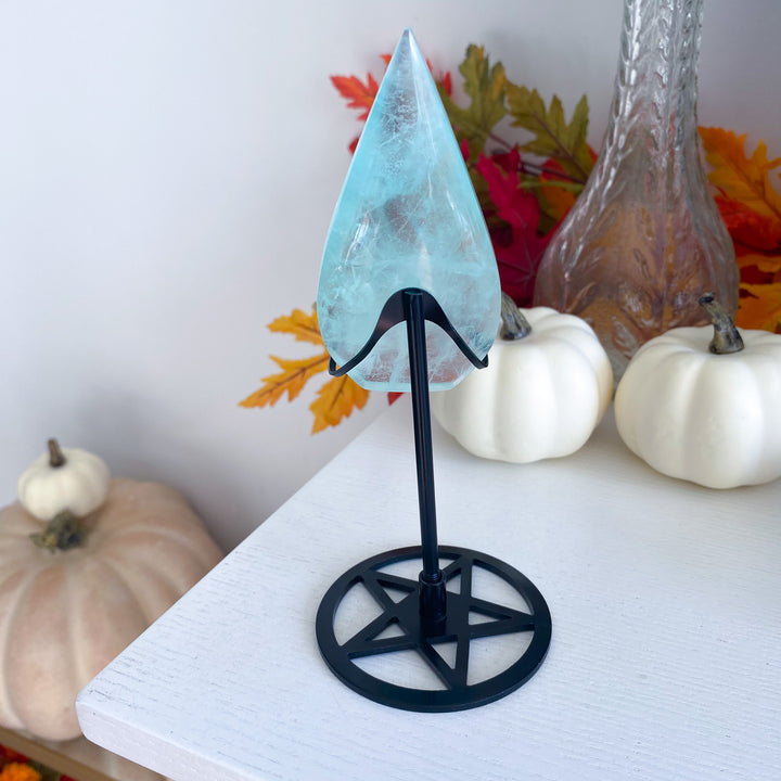 Green Fluorite Flame on Pentacle Stand 