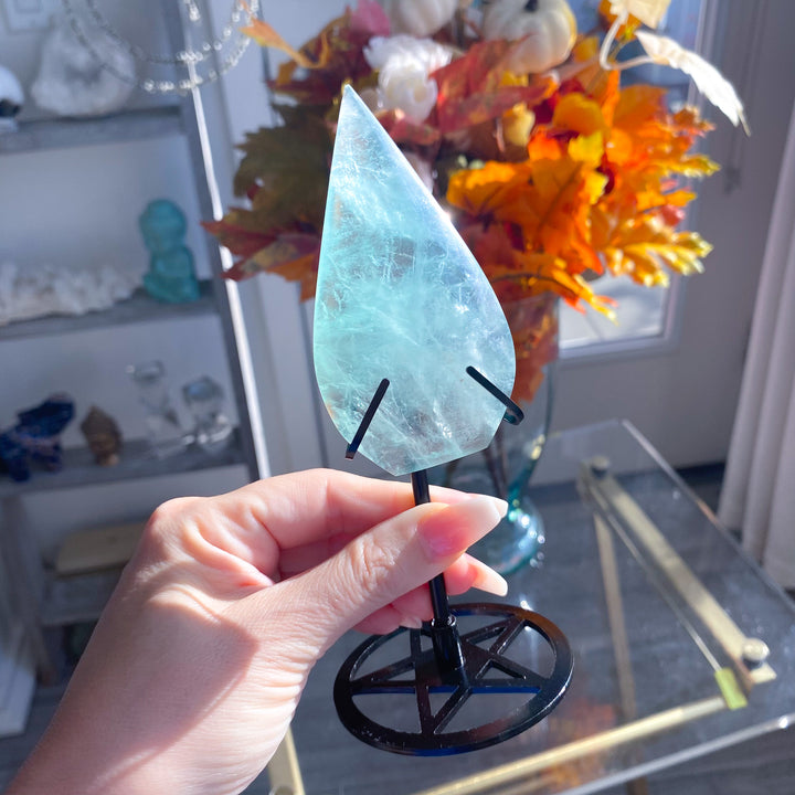 Green Fluorite Flame on Pentacle Stand 