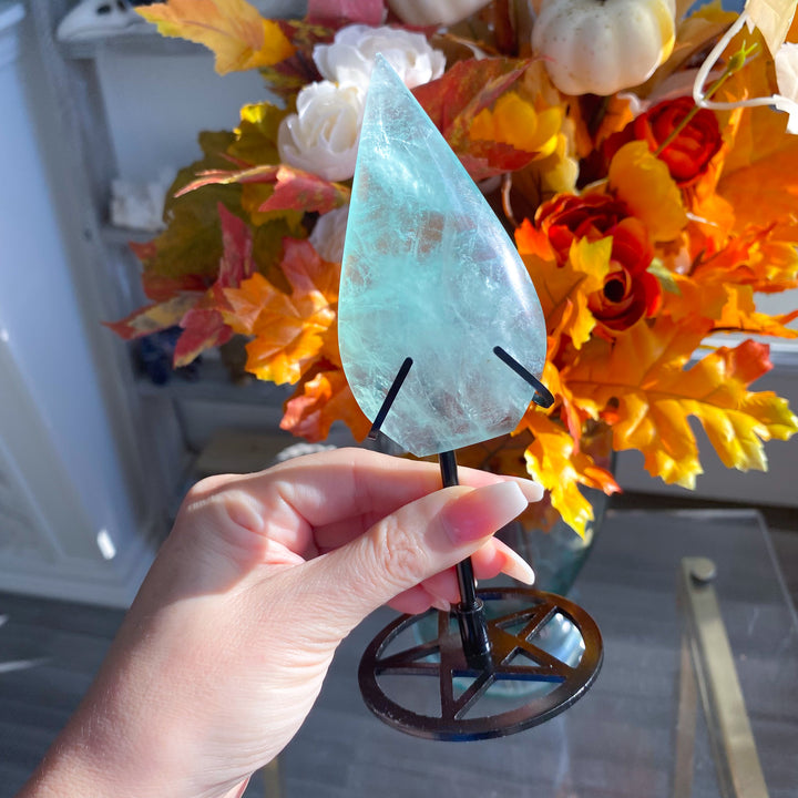 Green Fluorite Flame on Pentacle Stand 