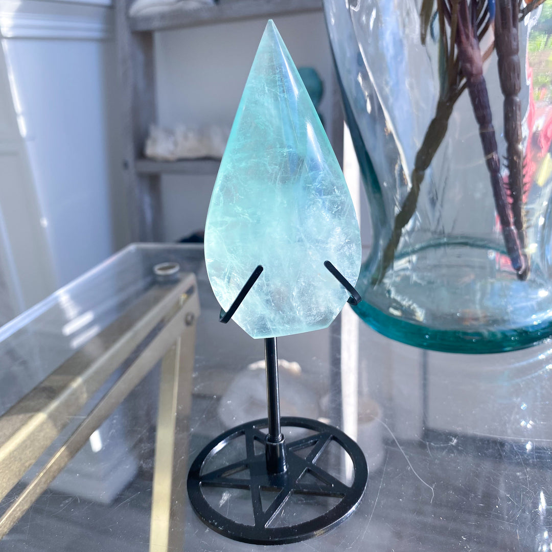 Green Fluorite Flame on Pentacle Stand 