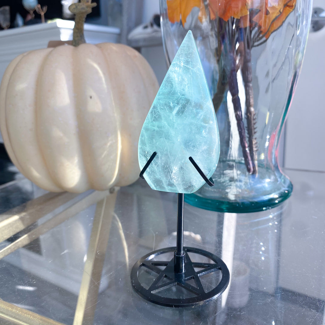 Green Fluorite Flame on Pentacle Stand 