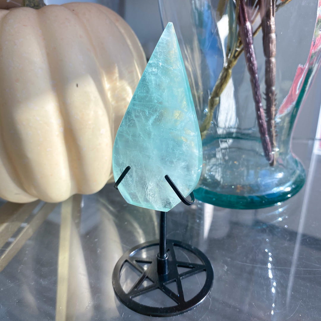 Green Fluorite Flame on Pentacle Stand 