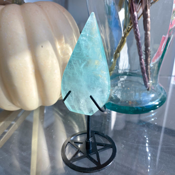 Green Fluorite Flame on Pentacle Stand 
