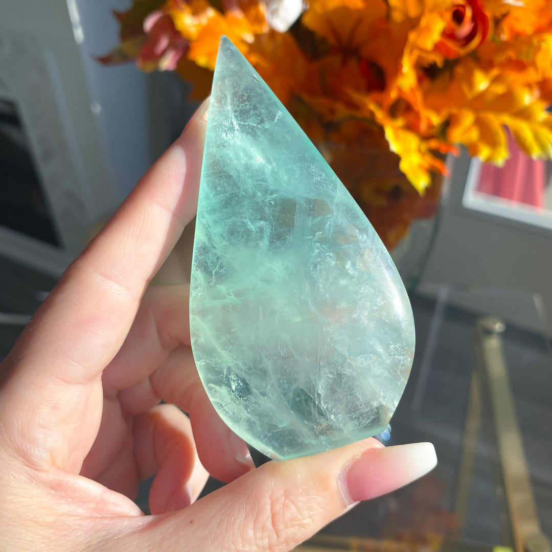 Green Fluorite Flame on Pentacle Stand 