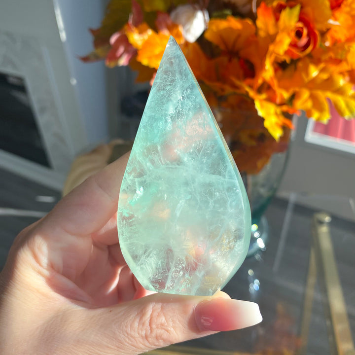 Green Fluorite Flame on Pentacle Stand 