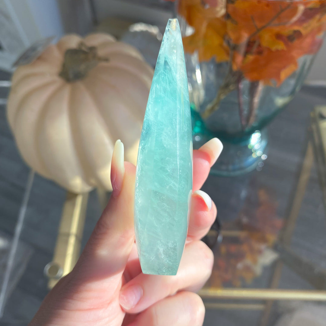 Green Fluorite Flame on Pentacle Stand 