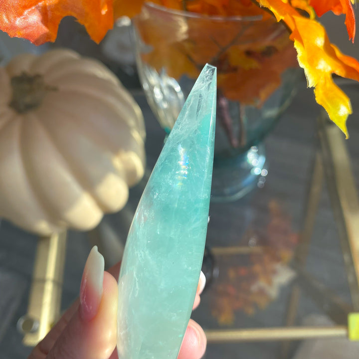 Green Fluorite Flame on Pentacle Stand 
