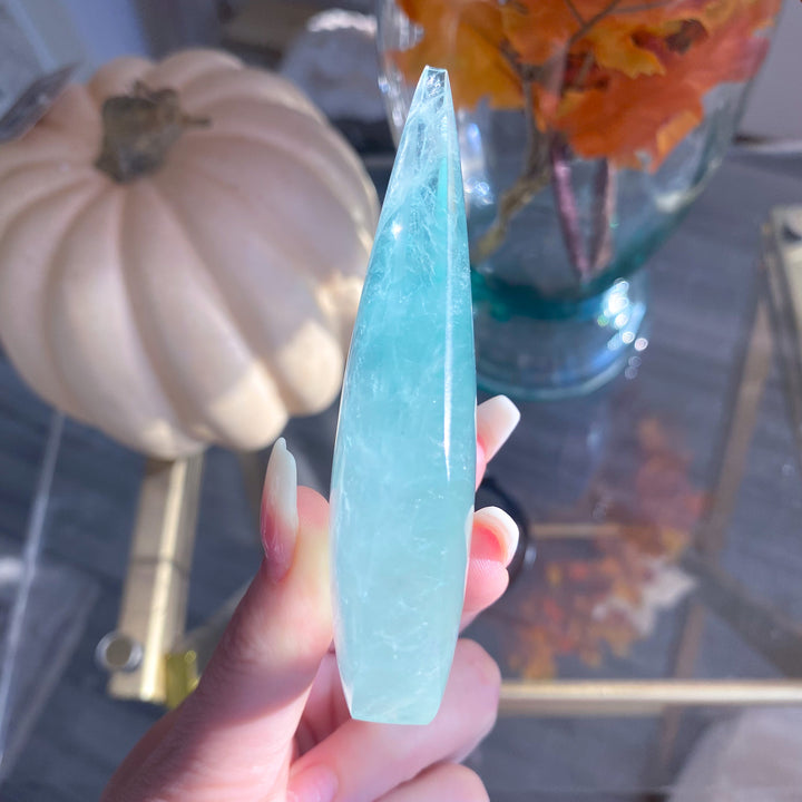 Green Fluorite Flame on Pentacle Stand 