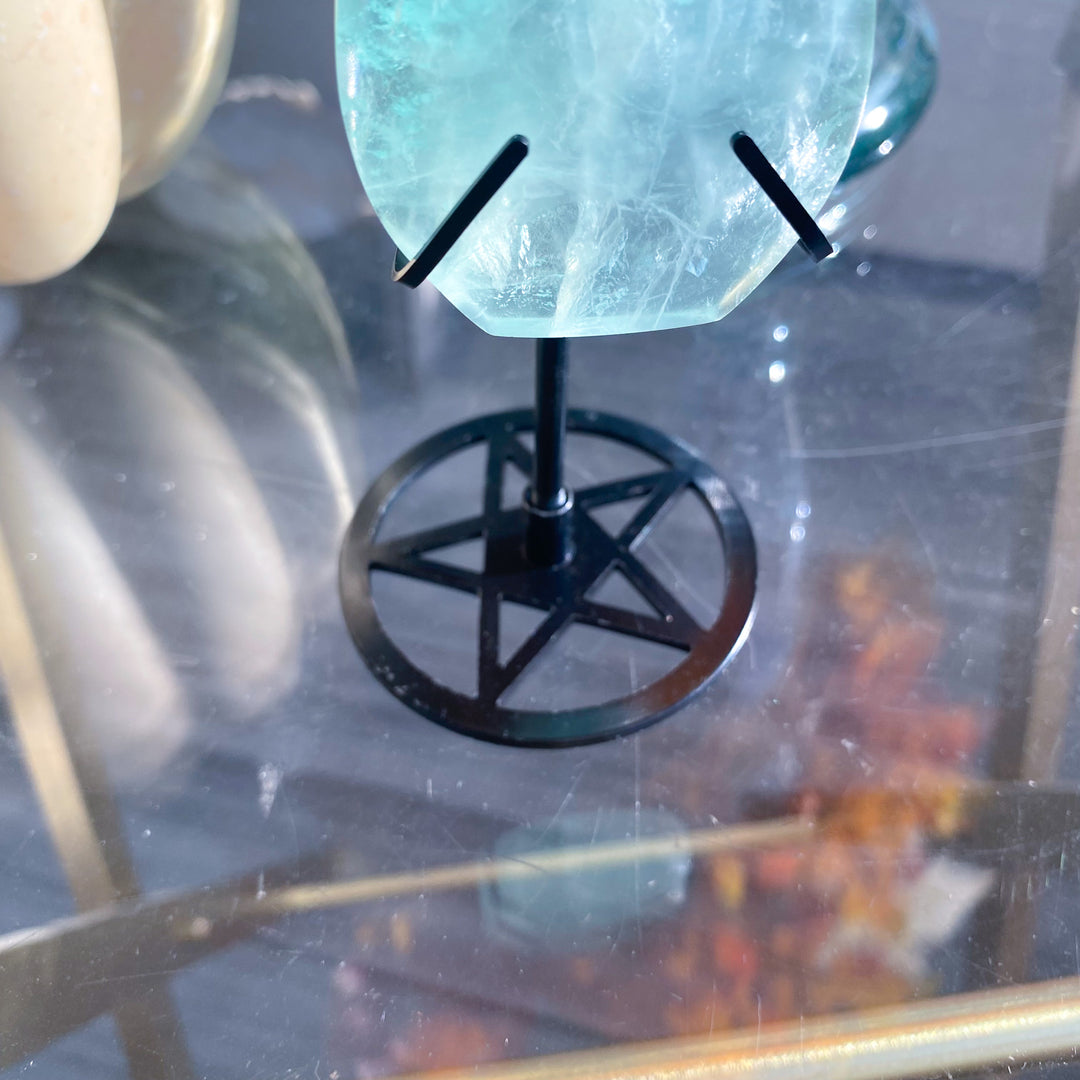 Green Fluorite Flame on Pentacle Stand 