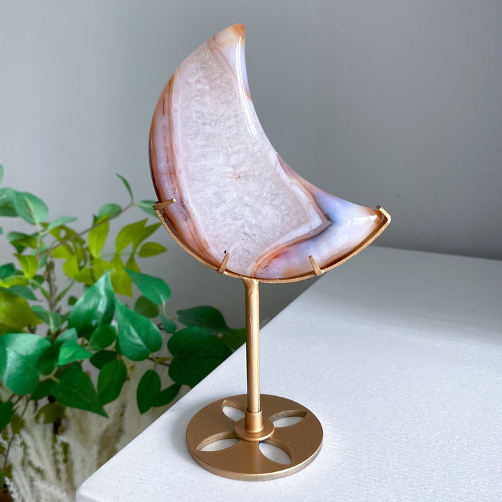 Crescent Quartz and Carnelian Moon on Gold Stand 