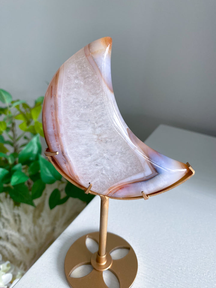 Crescent Quartz and Carnelian Moon on Gold Stand 