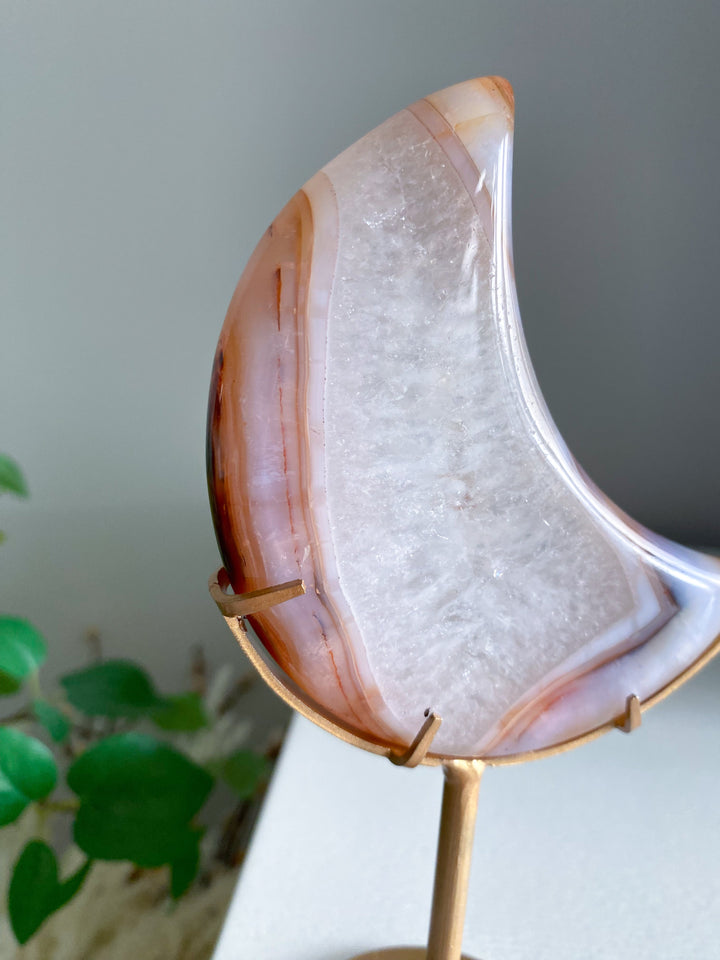 Crescent Quartz and Carnelian Moon on Gold Stand 