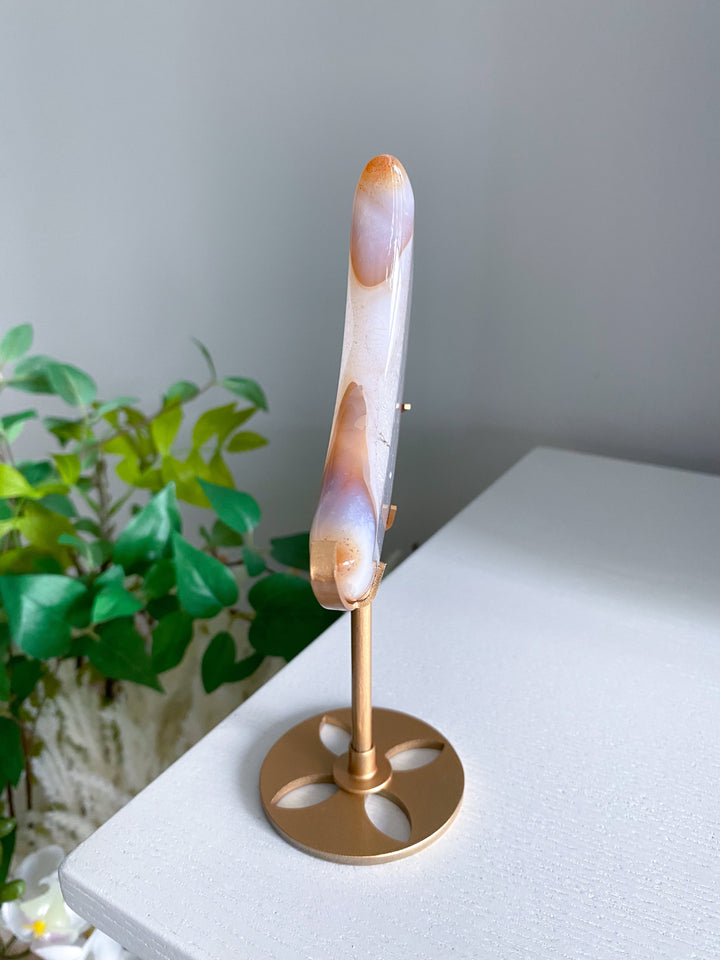 Crescent Quartz and Carnelian Moon on Gold Stand 