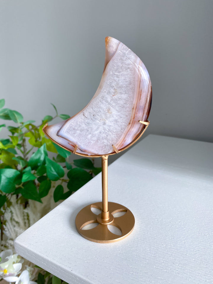 Crescent Quartz and Carnelian Moon on Gold Stand 