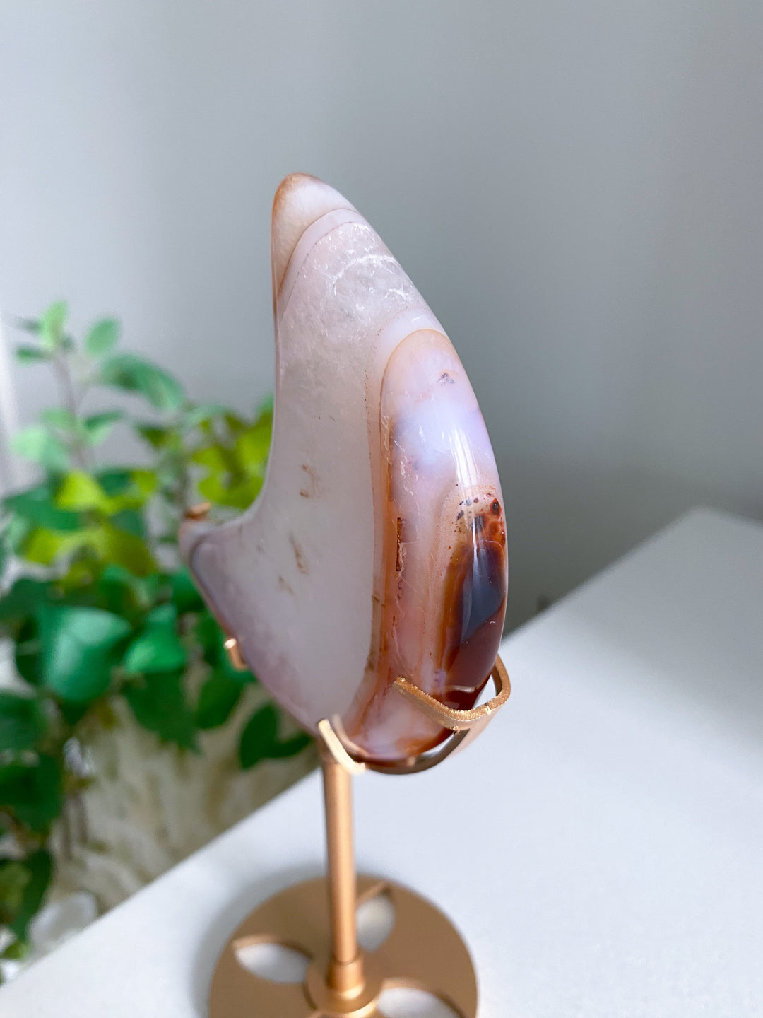 Crescent Quartz and Carnelian Moon on Gold Stand 