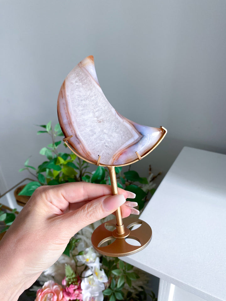 Crescent Quartz and Carnelian Moon on Gold Stand 
