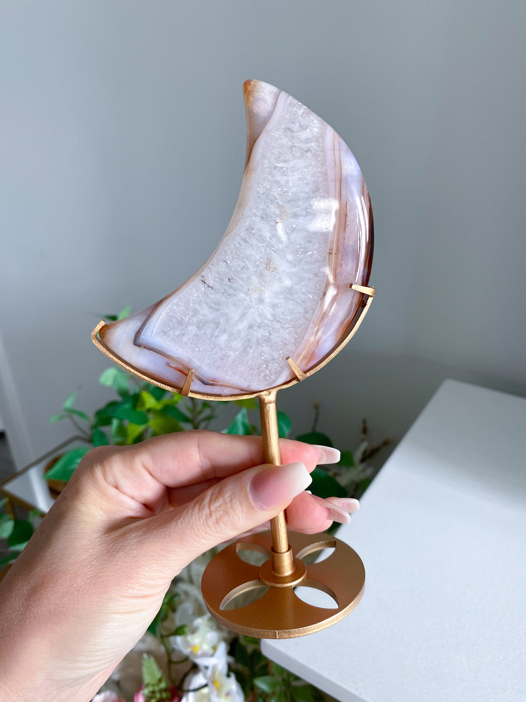 Crescent Quartz and Carnelian Moon on Gold Stand 