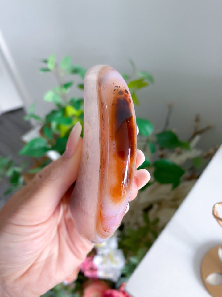 Crescent Quartz and Carnelian Moon on Gold Stand 