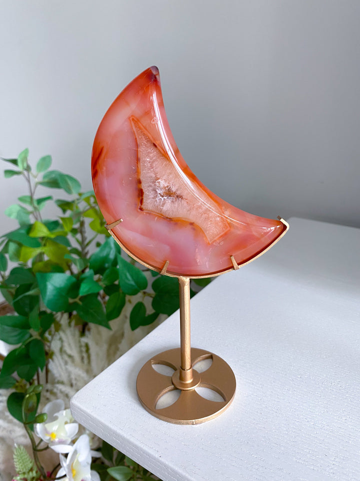 Coral Carnelian Moon with Druzy Portal on Gold Stand 