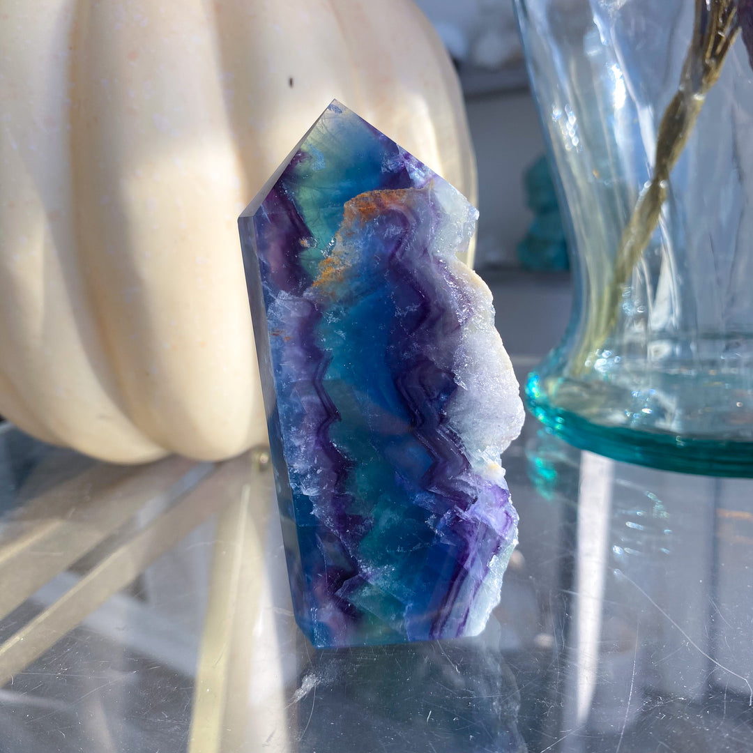 Rough Edge Rainbow Fluorite Standing Slice 