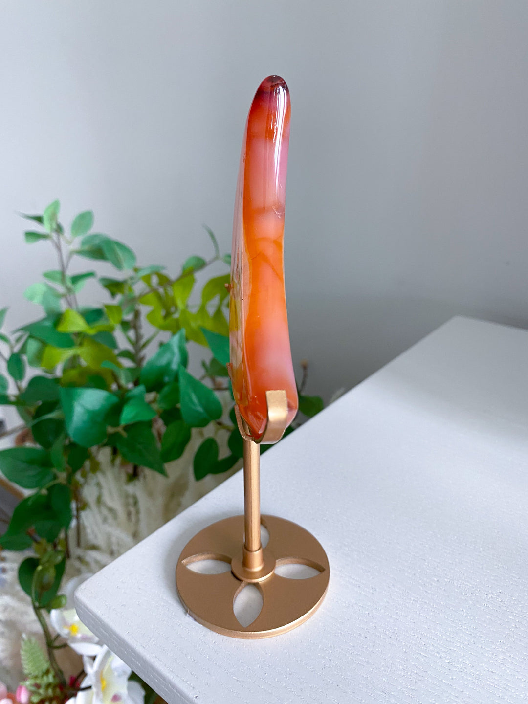 Coral Carnelian Moon with Druzy Portal on Gold Stand 