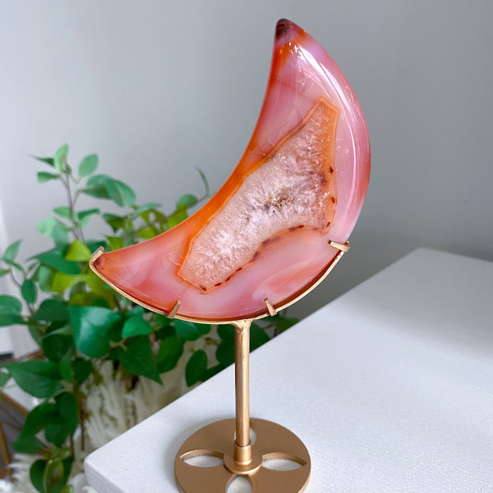 Coral Carnelian Moon with Druzy Portal on Gold Stand 