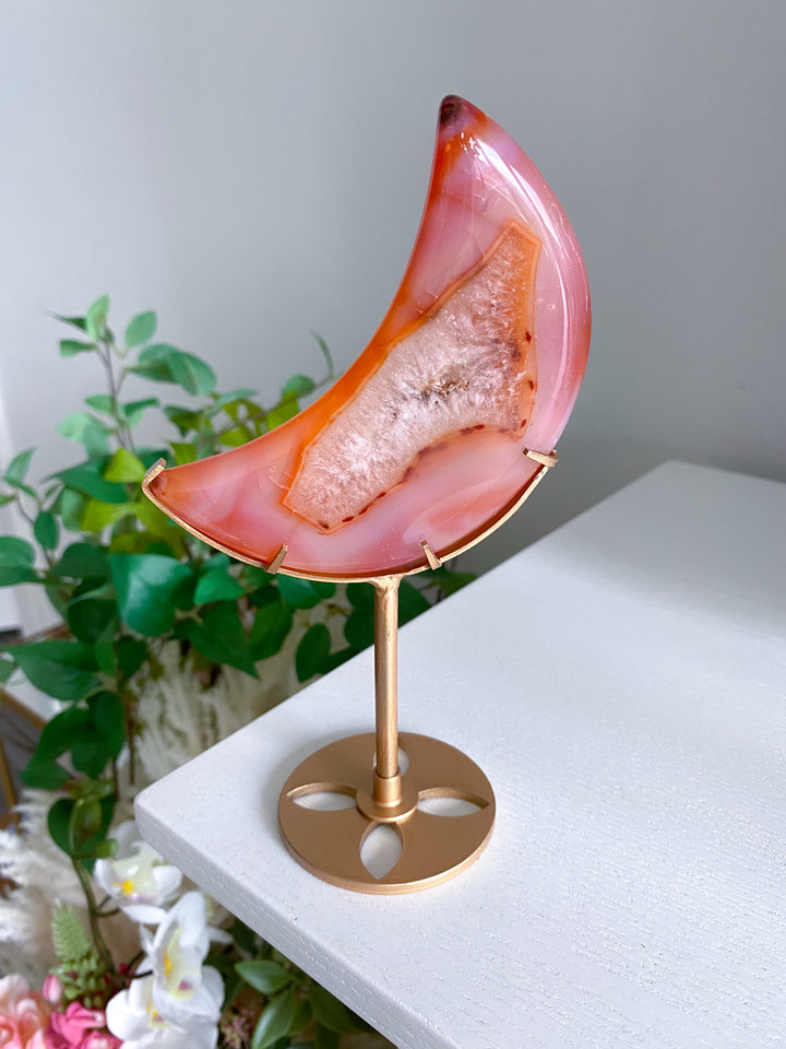 Coral Carnelian Moon with Druzy Portal on Gold Stand 
