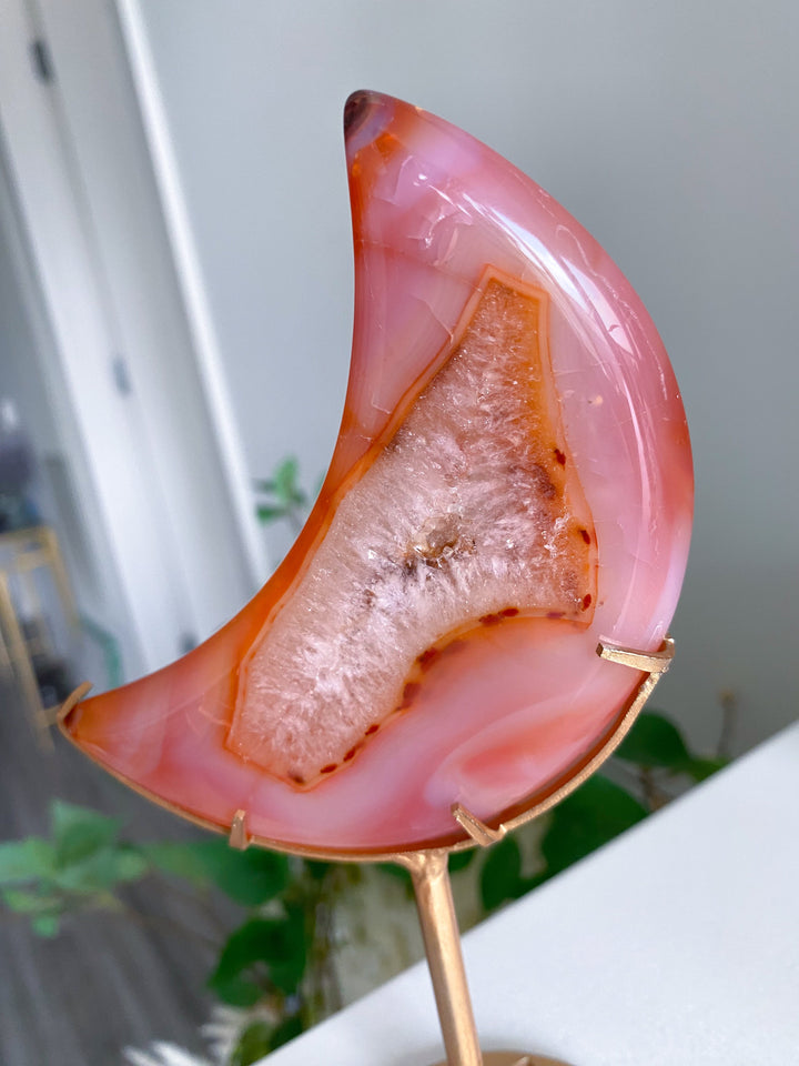 Coral Carnelian Moon with Druzy Portal on Gold Stand 