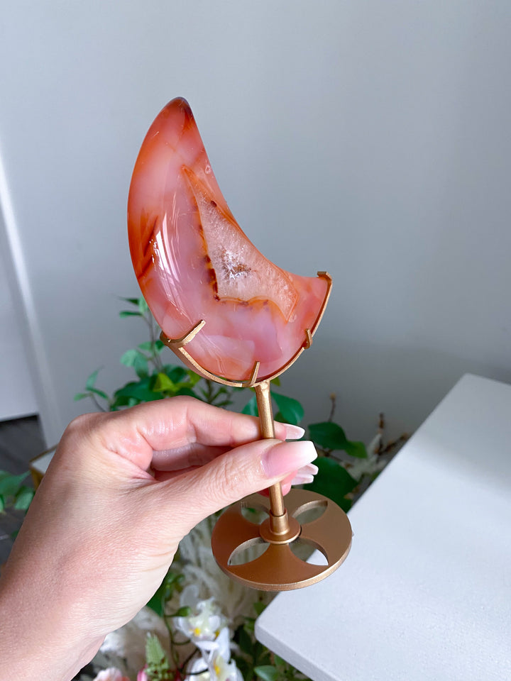 Coral Carnelian Moon with Druzy Portal on Gold Stand 