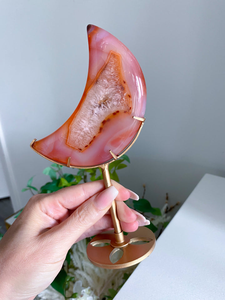 Coral Carnelian Moon with Druzy Portal on Gold Stand 