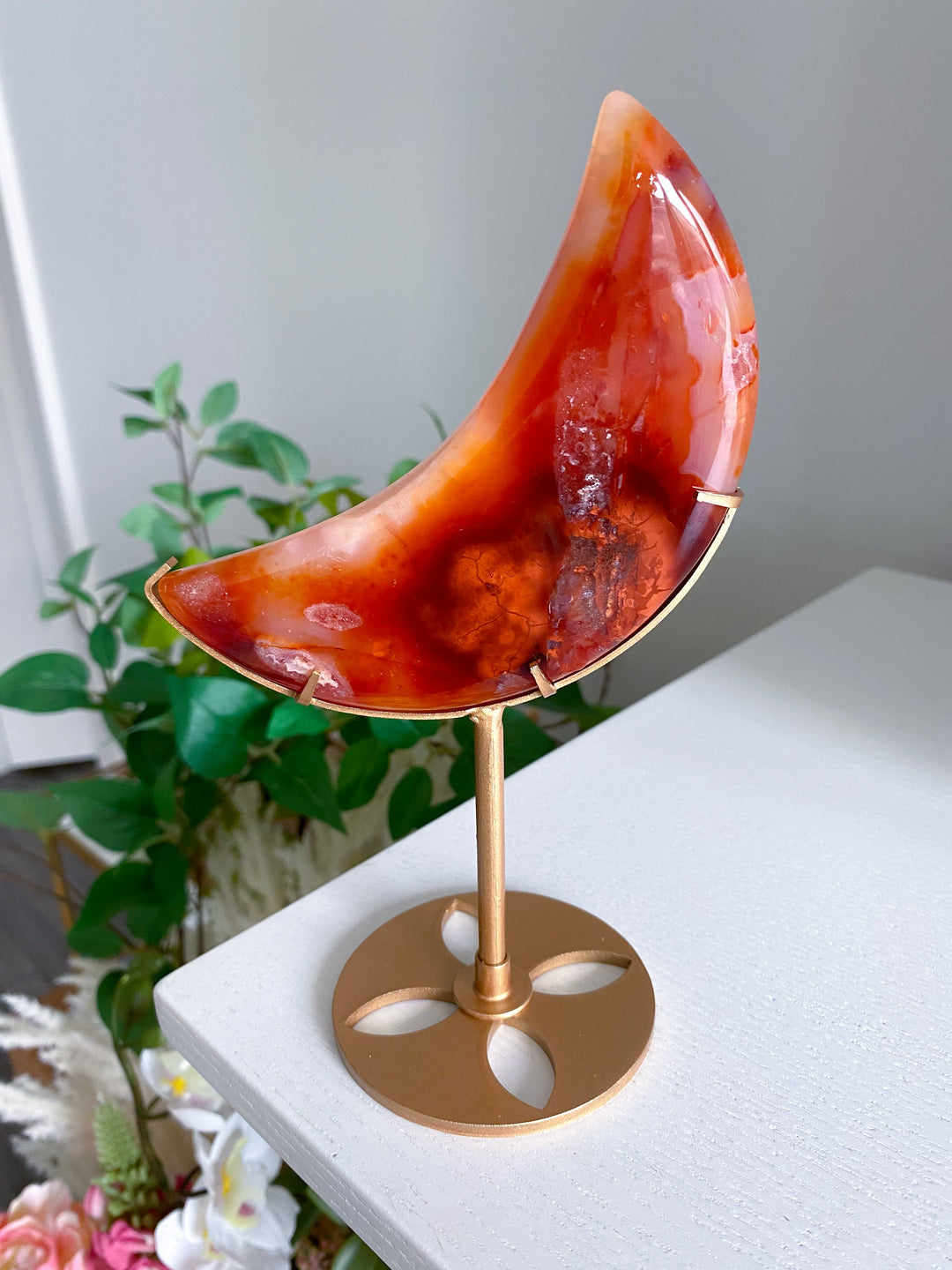 Deep Red Carnelian Moon on Gold Stand 